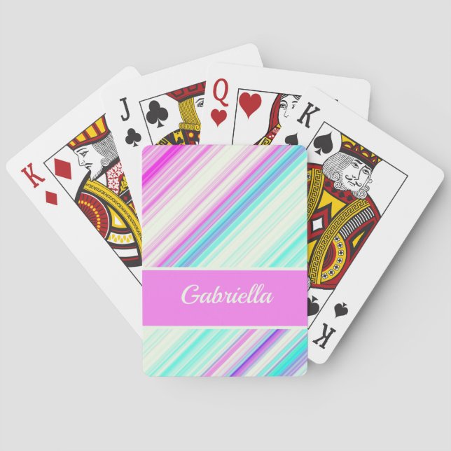 Cute Pink Blue Purple Stripes Customise Name Playing Cards (Back)