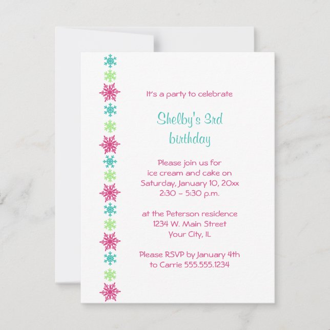Cute Pink Blue Snowflake Winter Birthday Invitation (Front)