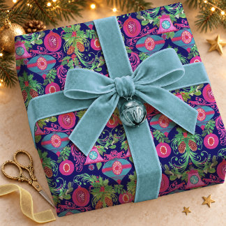 Cute Pink Blue Vintage Christmas Ornaments Wrapping Paper