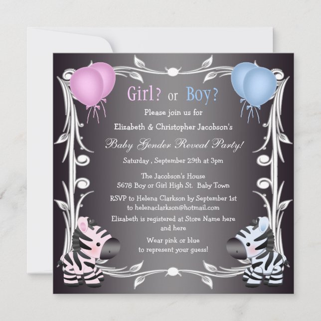 Cute Pink & Blue Zebras Baby Gender Reveal Shower Invitation (Front)