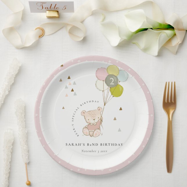 Cute Pink Blush Bear Balloon Any Age Birthday Paper Plate (Wedding)