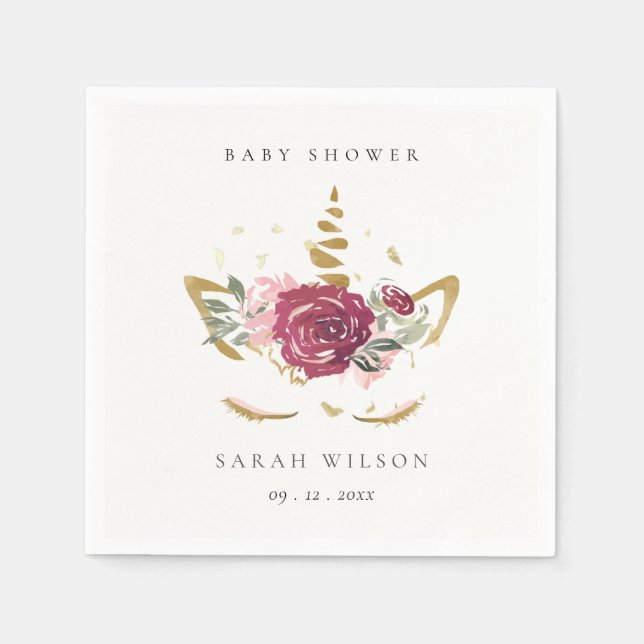 Cute Pink Blush Gold Floral Unicorn Baby Shower Napkin (Front)
