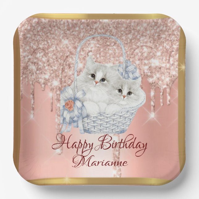 Cute Pink Blush Kittens Personalisable Birthday  Paper Plate (Front)