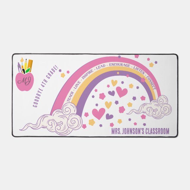 Cute Pink Boho Inspirational Rainbow Teacher Gift Desk Mat (Front)