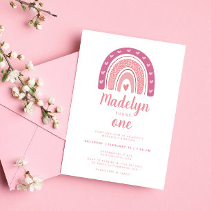 Cute Pink Boho Rainbow First Birthday Invitation