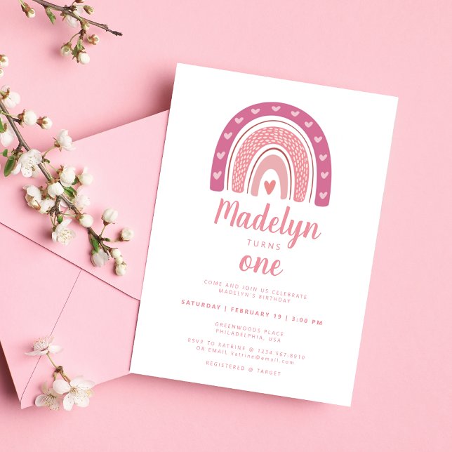 Cute Pink Boho Rainbow First Birthday Invitation (Creator Uploaded)