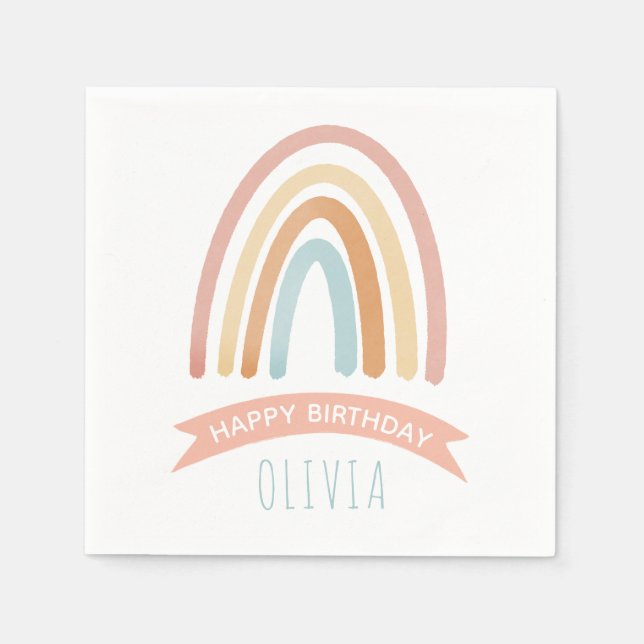 Cute Pink Boho Rainbow Girls Birthday Napkin (Front)