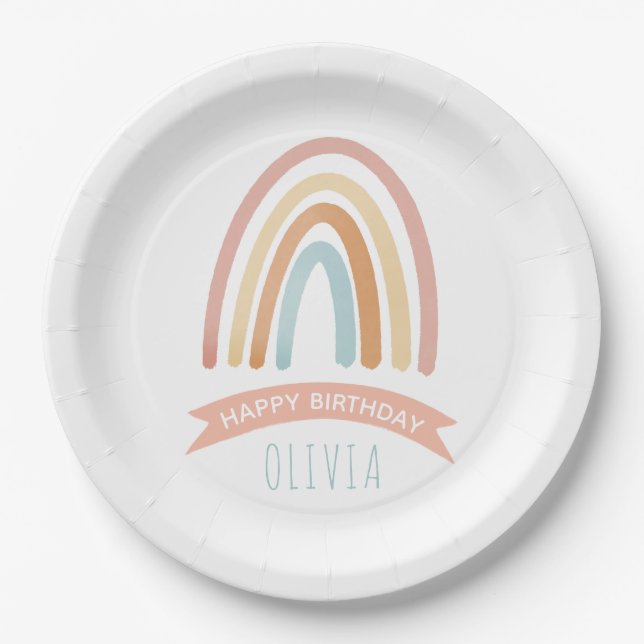 Cute Pink Boho Rainbow Girls Birthday Paper Plate (Front)