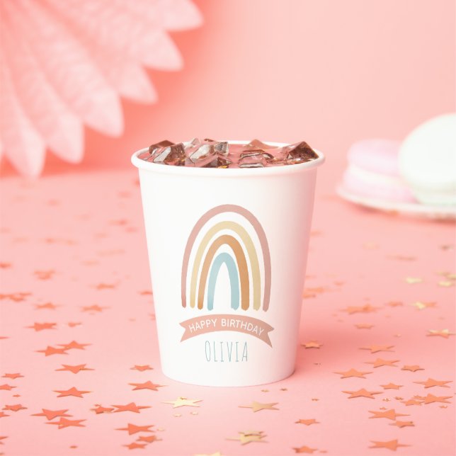 Cute Pink Boho Rainbow Girls Kids Birthday Paper Cups (Insitu)