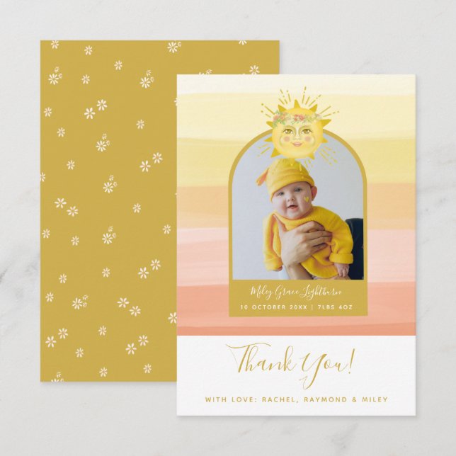 Cute Pink Boho Rainbow Ray of Sunshine Baby Shower Thank You Card (Front/Back)