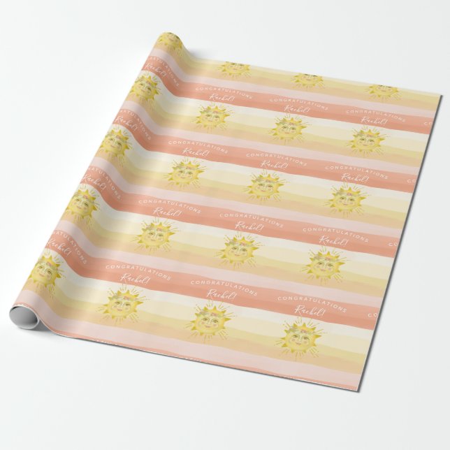 Cute Pink Boho Rainbow Ray of Sunshine Baby Shower Wrapping Paper (Unrolled)
