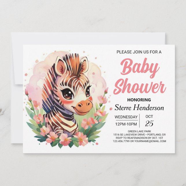 Cute Pink Boho Zebra Baby Shower Invitation (Front)