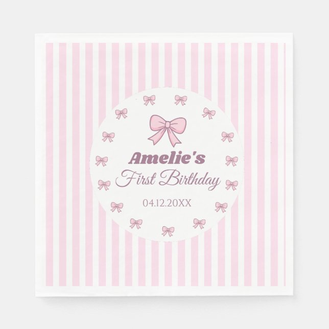 Cute Pink Bow 1st Birthday Party Napkin (Front)