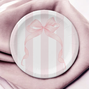 Cute Pink Bow and Awning Stripes Girly Paper Plate