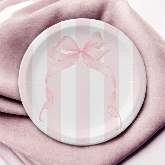 Cute Pink Bow and Awning Stripes Girly Paper Plate (Creator Uploaded)