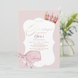 Cute Pink Bow and Crown 1st Birthday Invitation