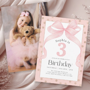 Cute Pink Bow and Dots Photo 3rd Birthday Invitation