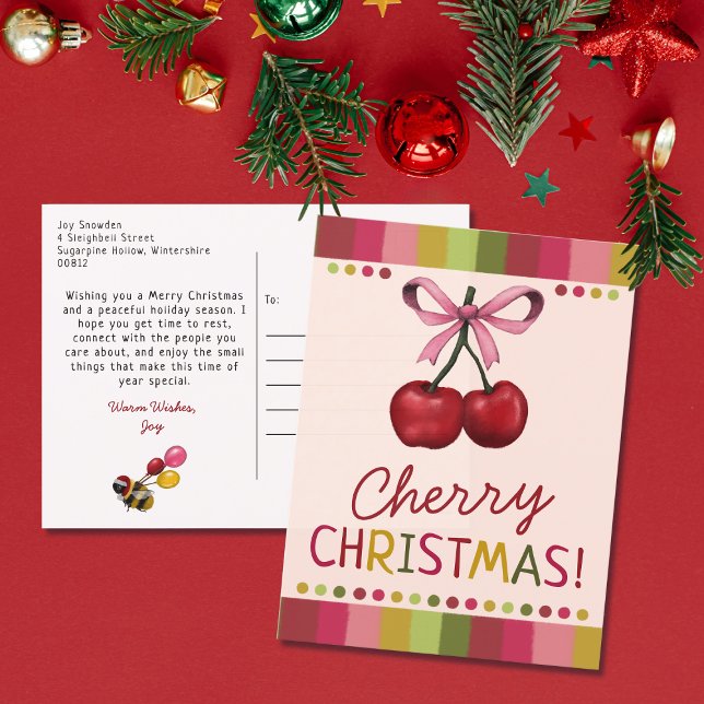 Cute Pink Bow and Red Cherry Christmas  Holiday Postcard (Creator Uploaded)
