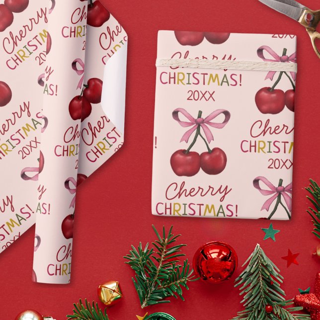 Cute Pink Bow and Red Cherry Christmas Pattern Wrapping Paper (Creator Uploaded)