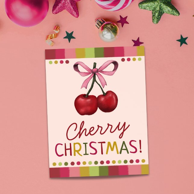 Cute Pink Bow and Sweet Red Cherry Christmas  Card (Creator Uploaded)