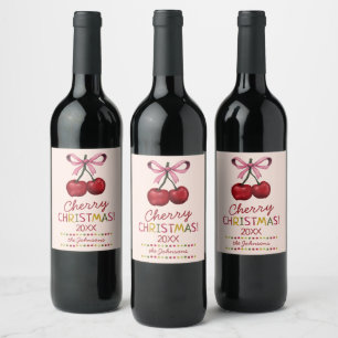 Cute Pink Bow and Sweet Red Cherry Christmas Wine Label