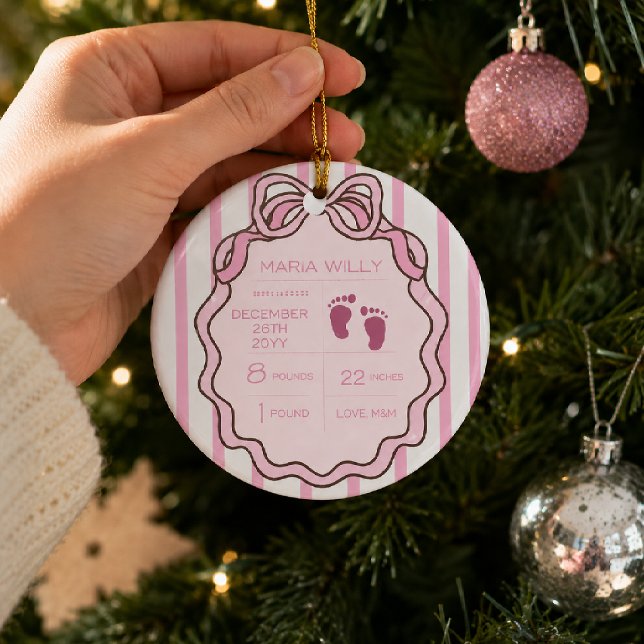 Cute Pink Bow Baby Birth Stats  Ceramic Tree Decoration (Creator Uploaded)