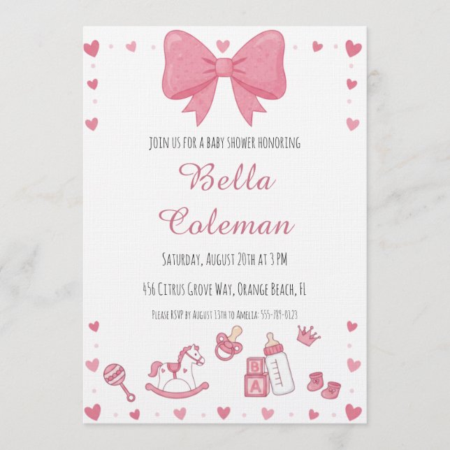 cute pink bow baby shower invitation (Front)