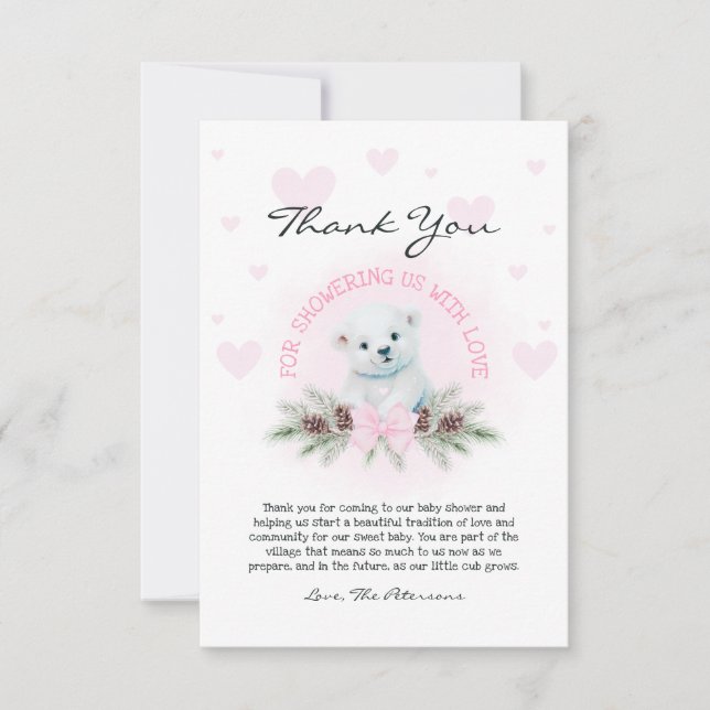 Cute Pink Bow Bear Cub Girl Winter Baby Shower Thank You Card (Front)