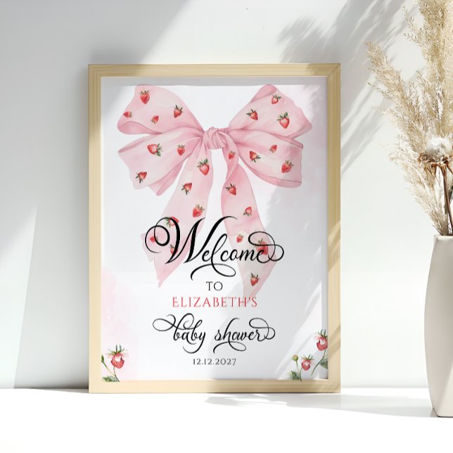 Cute Pink Bow Berry Sweet Baby Shower Welcome  Poster (Creator Uploaded)