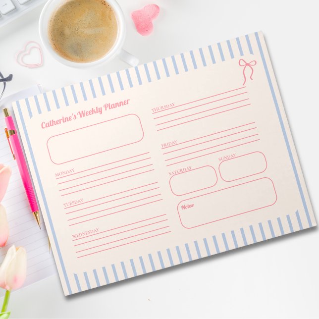 Cute Pink Bow Blue Striped Weekly Planner Notepad (Cute Pink Bow Blue Striped Weekly Planner Notepad)
