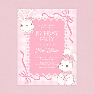 Cute pink bow bunny birthday invitation