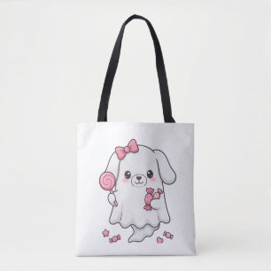 Cute Pink Bow Candy Ghost Halloween Sticker Kawaii Tote Bag