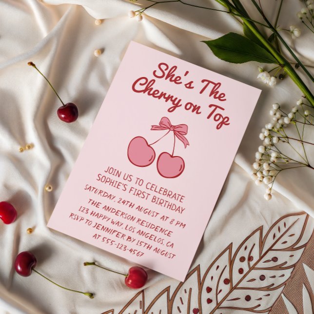 Cute Pink Bow Cherry on Top First Birthday Invitation (Creator Uploaded)