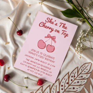 Cute Pink Bow Cherry on Top First Birthday Invitation