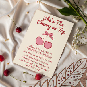 Cute Pink Bow Cherry on Top First Birthday Invitation