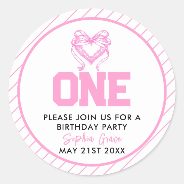Cute Pink Bow Coquette 1st Birthday Classic Round Sticker (Front)
