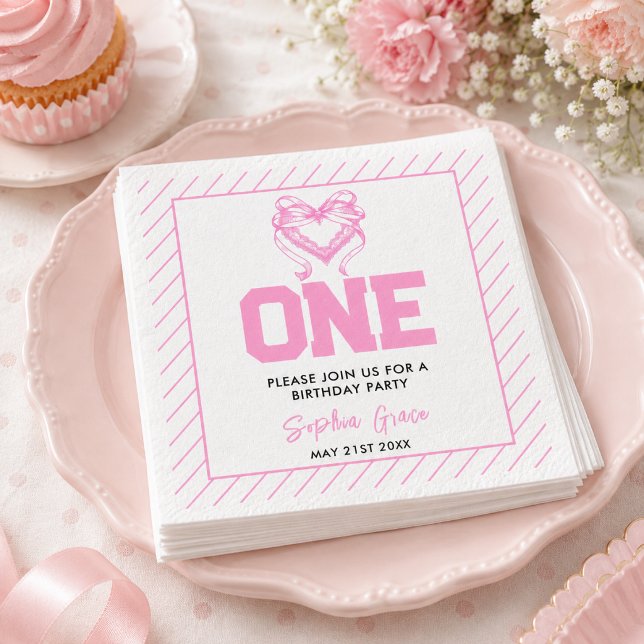 Cute Pink Bow Coquette 1st Birthday Napkin (Cute Pink Bow Coquette 1st Birthday Napkins)