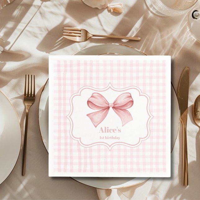 Cute Pink Bow Coquette 1st Birthday Napkin (Creator Uploaded)