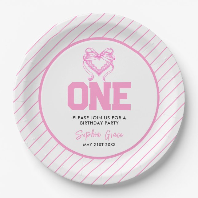 Cute Pink Bow Coquette 1st Birthday Paper Plate (Front)