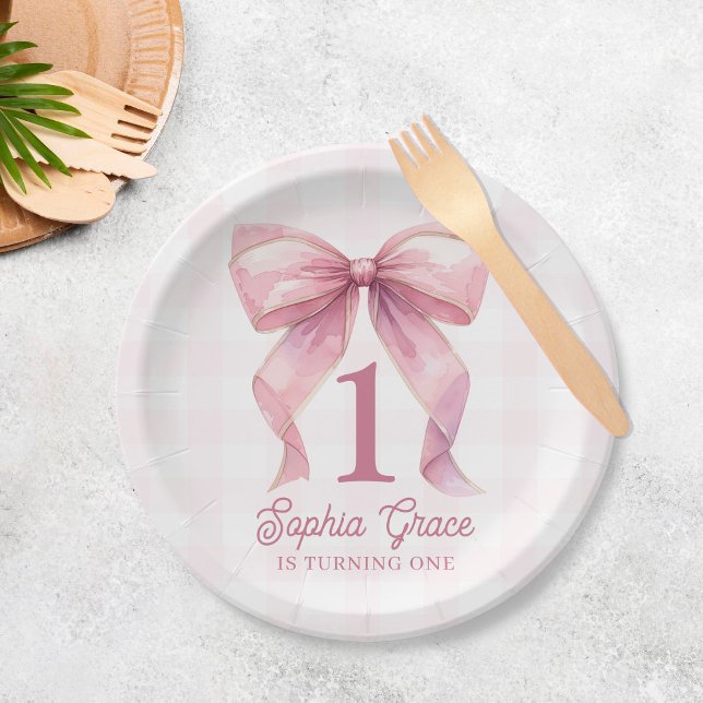 Cute Pink Bow Coquette 1st Birthday Paper Plate (Creator Uploaded)