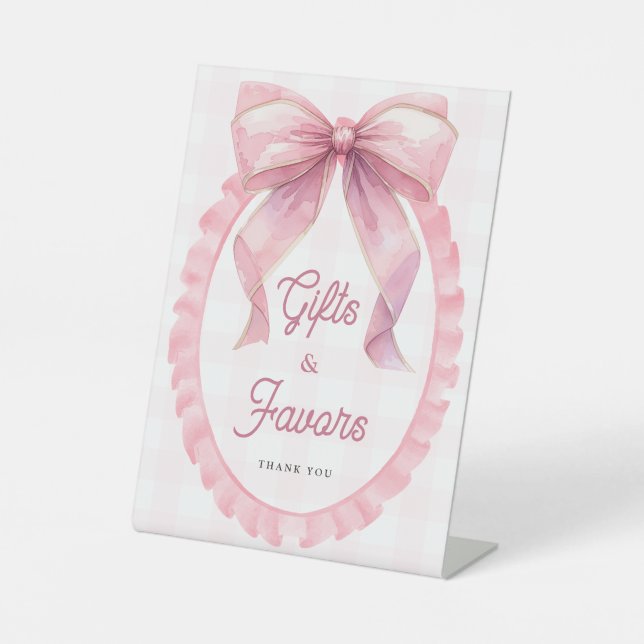 Cute Pink Bow Coquette 1st Birthday Pedestal Sign (Front)
