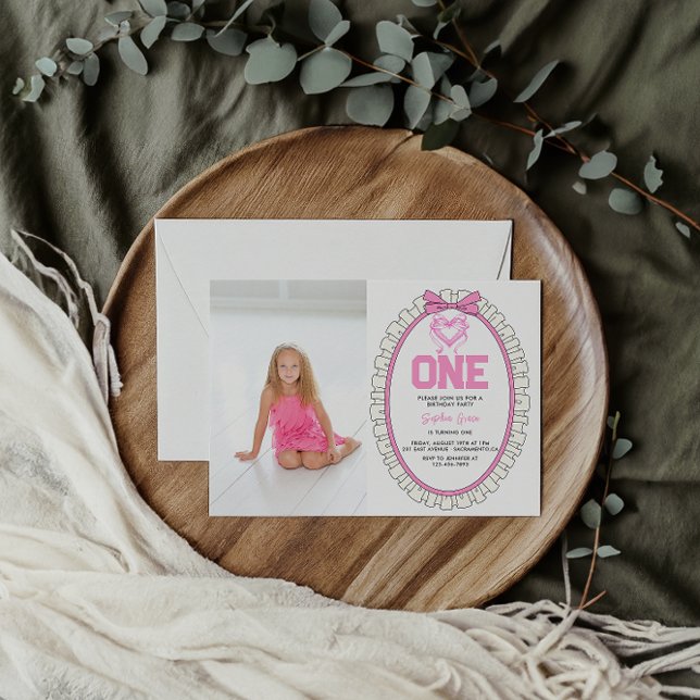 Cute Pink Bow Coquette 1st Birthday photo Invitation (Creator Uploaded)