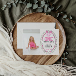 Cute Pink Bow Coquette 1st Birthday photo Thank You Card