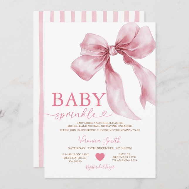 Cute Pink Bow Coquette Baby Sprinkle Baby Shower Invitation (Front/Back)