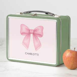 Cute Pink Bow Coquette Monogram Metal Lunch Box