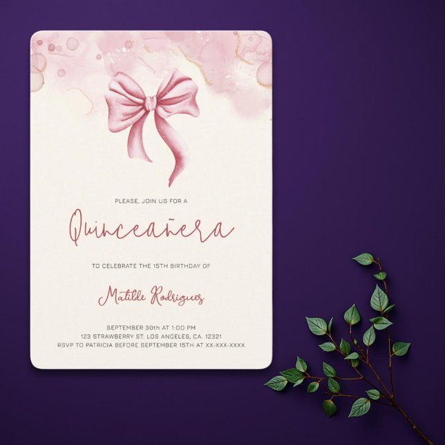 Cute Pink Bow Coquette Quinceanera Birthday Invitation (Creator Uploaded)