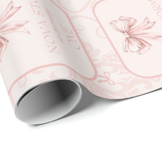 Cute Pink Bow Coquette Toile Personalised Birthday Wrapping Paper (Roll Corner)
