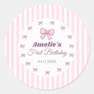 Cute Pink Bow First Birthday Classic Round Sticker