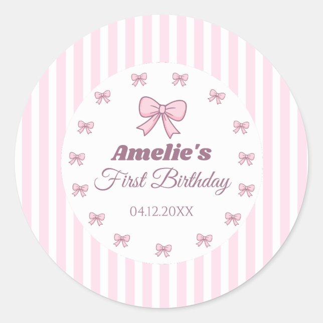 Cute Pink Bow First Birthday  Classic Round Sticker (Front)