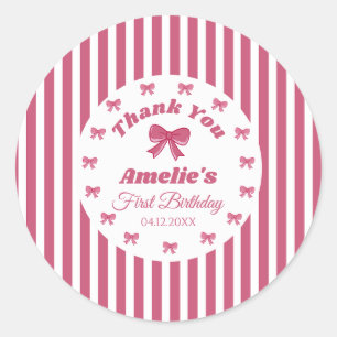 Cute Pink Bow First Birthday Classic Round Sticker